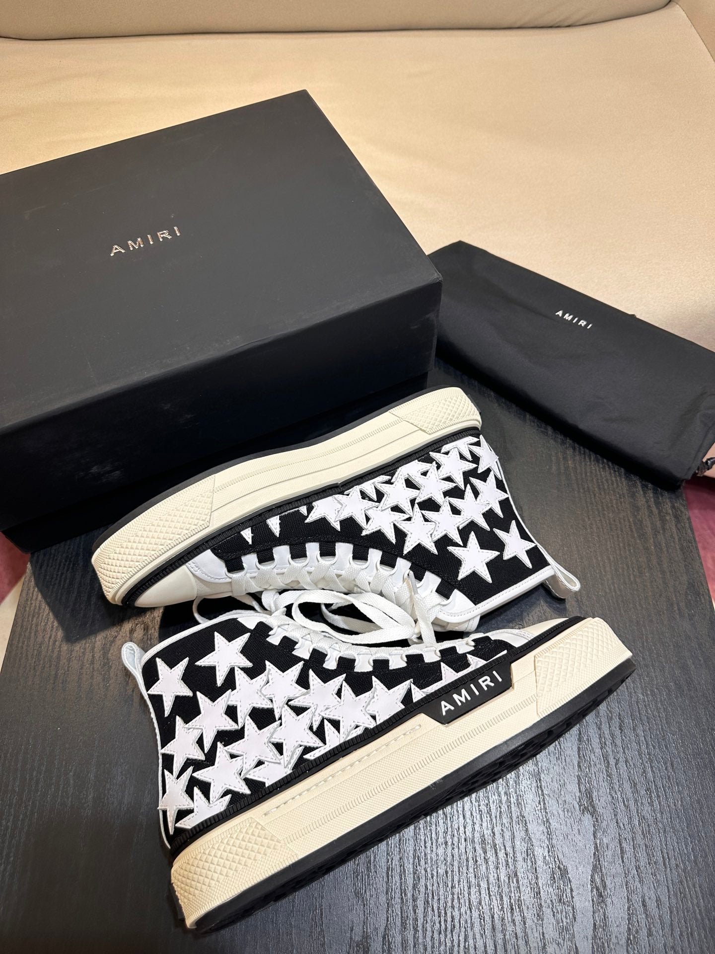 Men's Amiri Canvas and Leather Stars Court High Top Sneakers Shoes