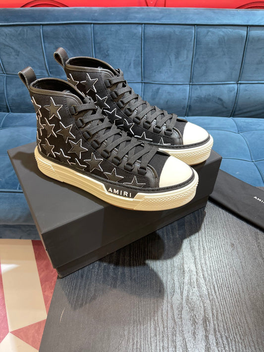 Men's Amiri Canvas and Leather Stars Court High Top Sneakers Shoes