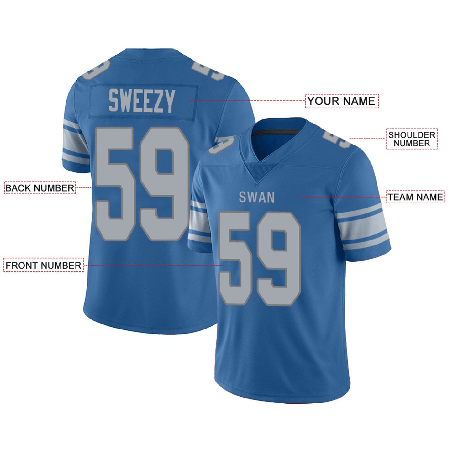 Custom Football Jersey Team Player or Personalized Design Your Own Name for Men's Women's Youth Jerseys Blue