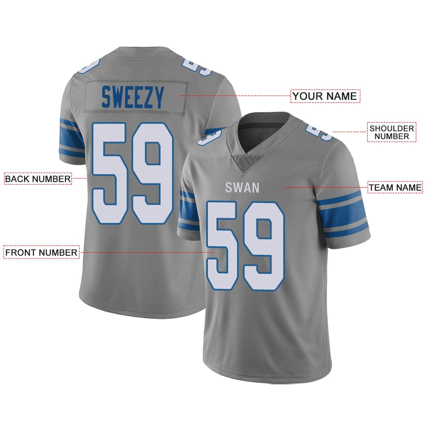 Custom Football Jersey Team Player or Personalized Design Your Own Name for Men's Women's Youth Jerseys Blue