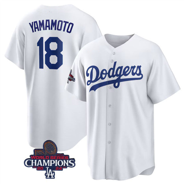 Los Angeles Dodgers #18 Yoshinobu Yamamoto White Fedasgoge 2024 World Series Champions Cool Base Stitched Jersey