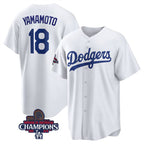 Los Angeles Dodgers #18 Yoshinobu Yamamoto White Fedasgoge 2024 World Series Champions Cool Base Stitched Jersey