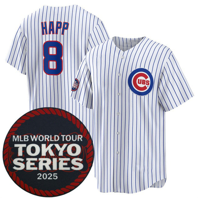 Chicago Cubs #8 Ian Happ White Fedasgoge 2025 World Tour Tokyo Series Home Stitched Jersey