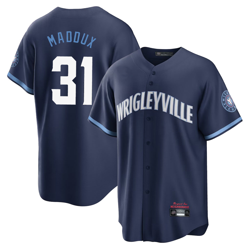 Chicago Cubs #31 Greg Maddux Player Navy Fedasgoge City Connect Home Game Stitched Jerseys
