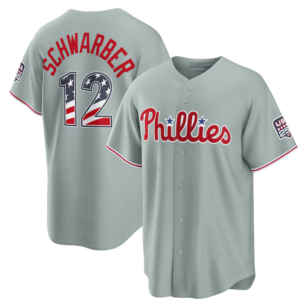 Philadelphia Phillies #12 Kyle Schwarber USA 250 Fourth of July Road Stadium Jersey - Gray Fedasgoge