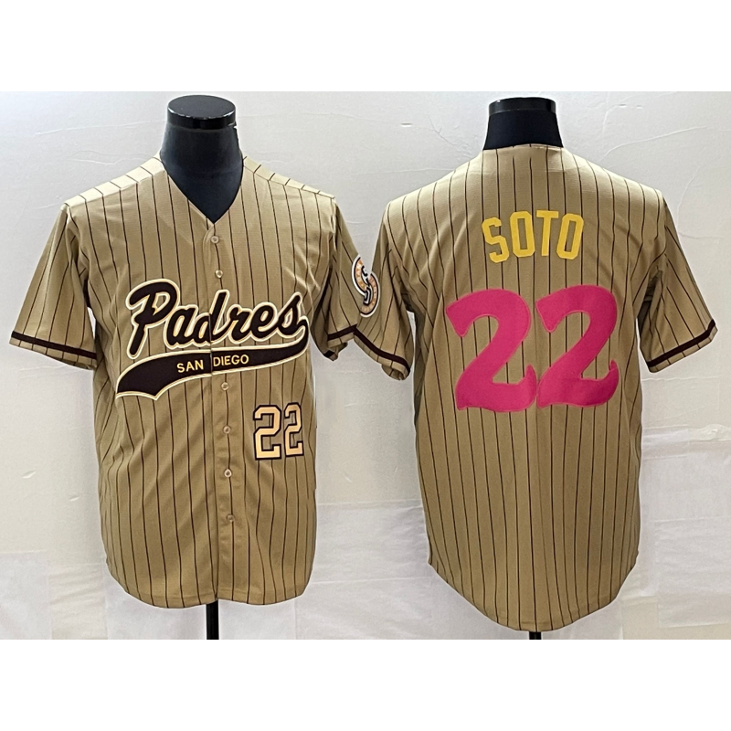 San Diego Padres #22 Juan Soto Number Tan Fedasgoge Pinstripe 2023 City Connect Cool Base Stitched Jersey