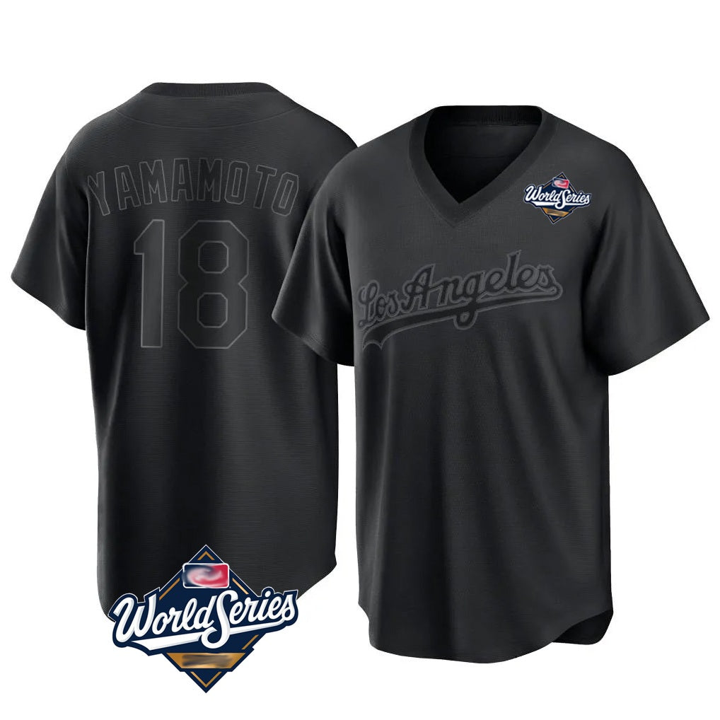Los Angeles Dodgers #18 Yoshinobu Yamamoto Player Black Fedasgoge World Series Pitch Fashion T-shirt Stitched Jerseys
