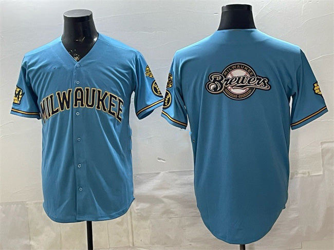 Milwaukee Brewers Team Big Logo Blue Fedasgoge With Home & Bob Uecker Patch Stitched Jersey
