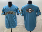 Milwaukee Brewers Team Big Logo Blue Fedasgoge With Home & Bob Uecker Patch Stitched Jersey