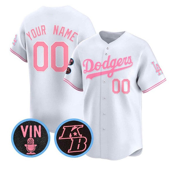 Custom Los Angeles Dodgers Active Player White Pink Fedasgoge With Vin & Kobe Patch Limited Stitched Jersey