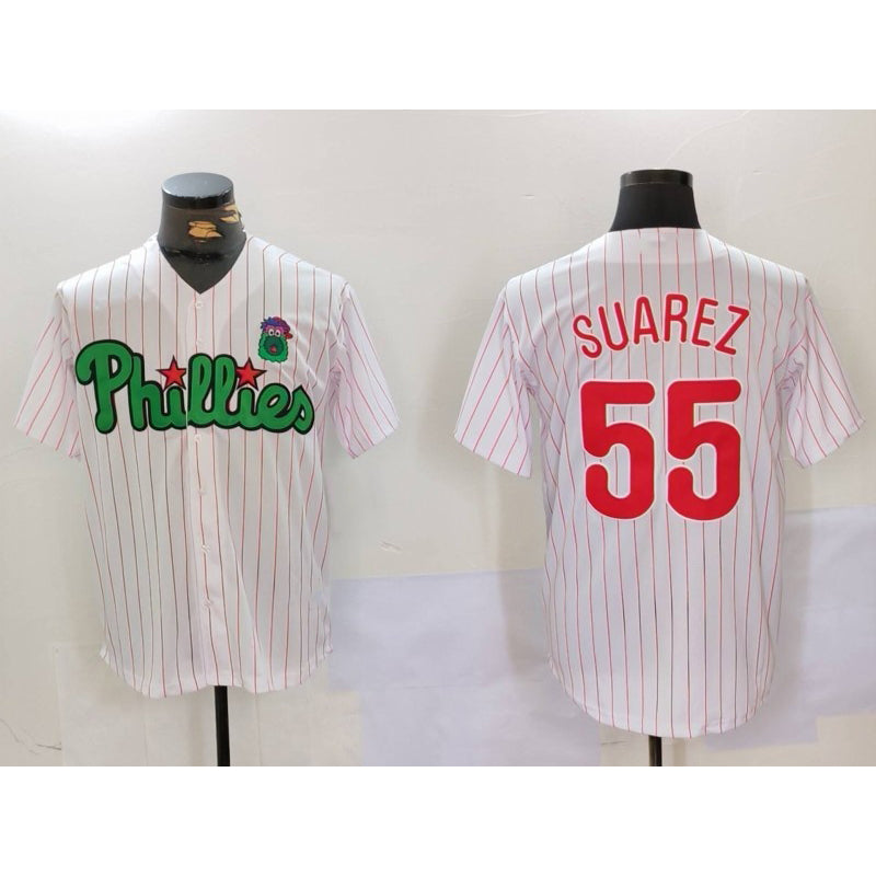 Philadelphia Phillies #55 Ranger Su¨¢rez White Green Fedasgoge Cool Base Stitched Jersey 2