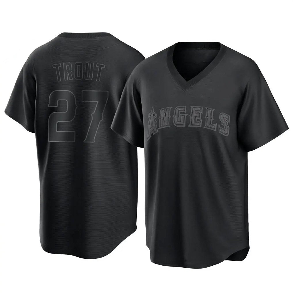 Los Angeles Angels #27 Mike Trout Player Black Fedasgoge Pitch Fashion T-shirt Stitched Jerseys