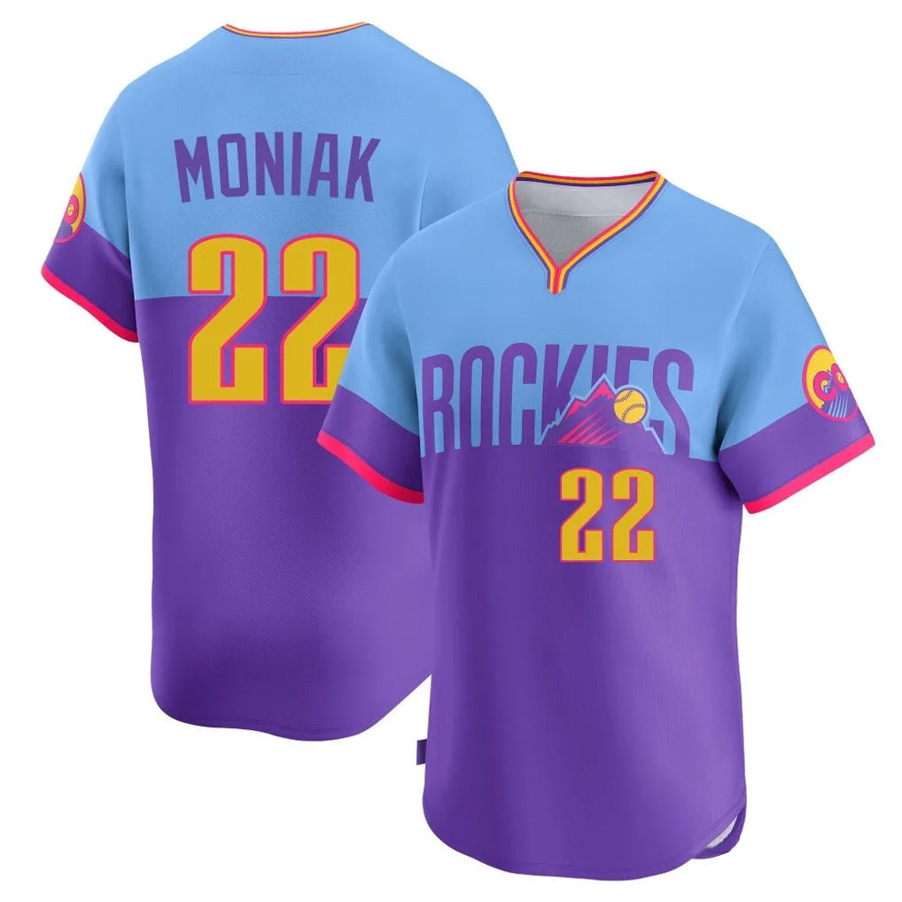 Colorado Rockies #22 Mickey Moniak Player Purple-Light Blue Fedasgoge City Connect Limited Home T-shirt Stitched Jerseys