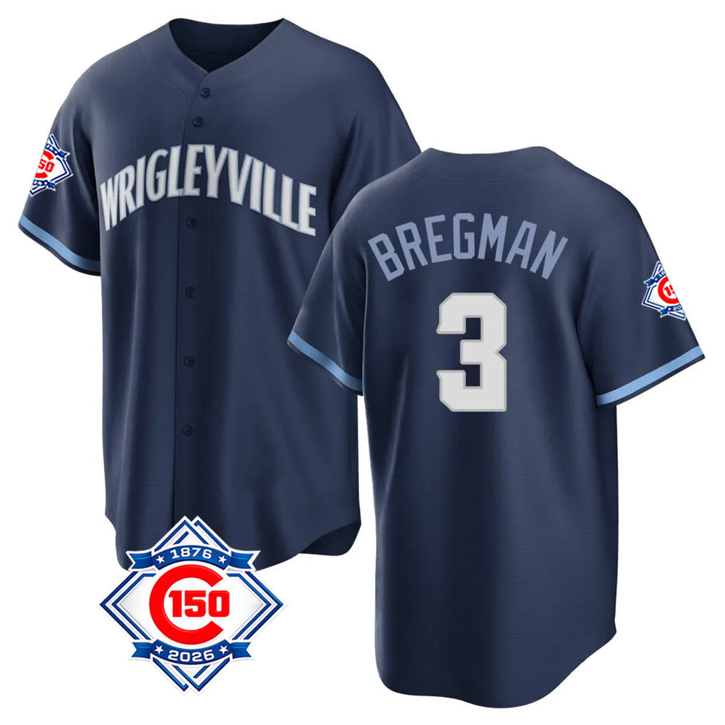 Chicago Cubs #3 Alex Bregman Player Navy Fedasgoge 150th Anniversary City Connect Home Game Stitched Jerseys