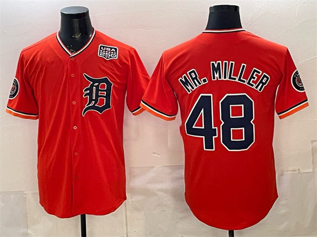 Detroit Tigers #48 Mr. Miller Orange Fedasgoge 2026 Alternate USA 250' Patch Vapor Premier Limited Stitched Jersey