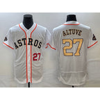 Houston Astros #27 Jose Altuve Number 2023 White Fedasgoge Gold World Serise Champions Patch Flex Base Stitched Jersey