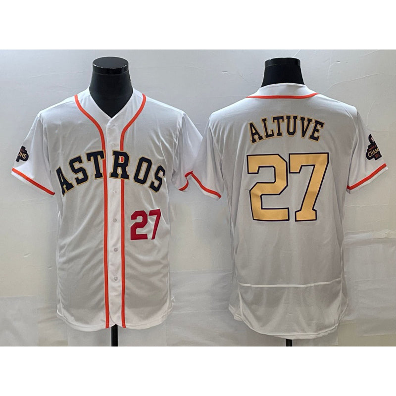 Houston Astros #27 Jose Altuve Number 2023 White Fedasgoge Gold World Serise Champions Patch Flex Base Stitched Jersey
