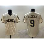 Milwaukee Brewers #9 Bob Uecker Cream Fedasgoge With Home Patch Stitched Jersey