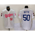 Los Angeles Dodgers #50 Mookie Betts White Pink Fedasgoge Vin & Kobe Patch Stitched Jersey 2