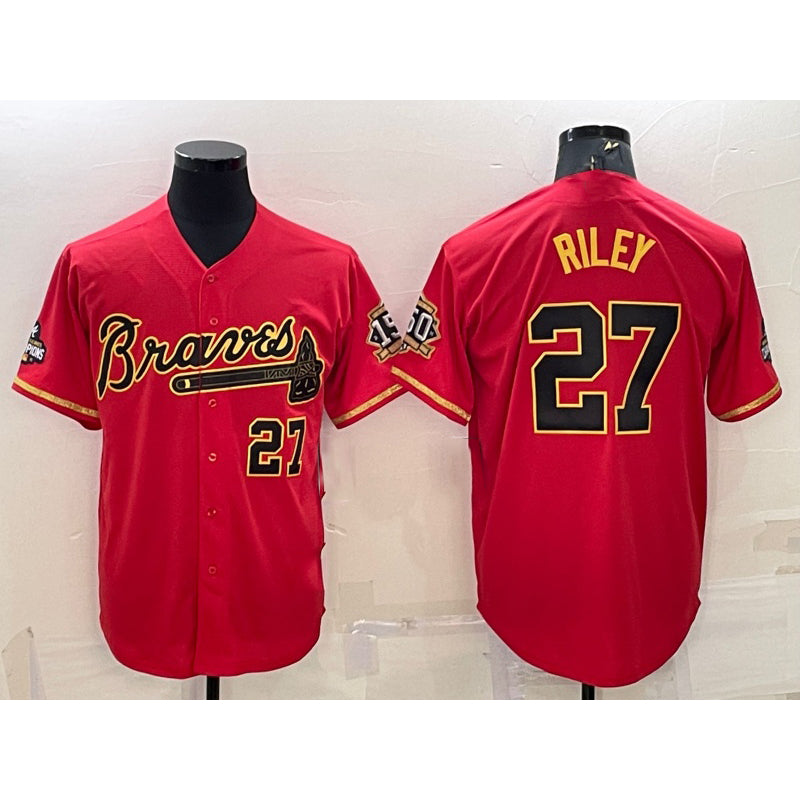 Atlanta Braves #27 Austin Riley Red Gold FOULKSSHOP World Series Champions Program Cool Base Stitched Jersey