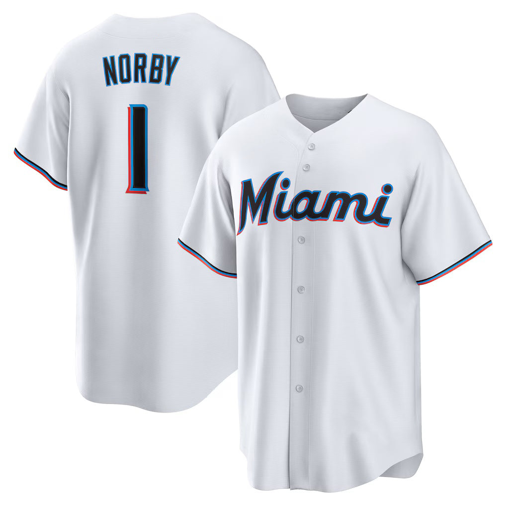 Miami Marlins #1 Connor Norby White Fedasgoge Home Replica Jersey