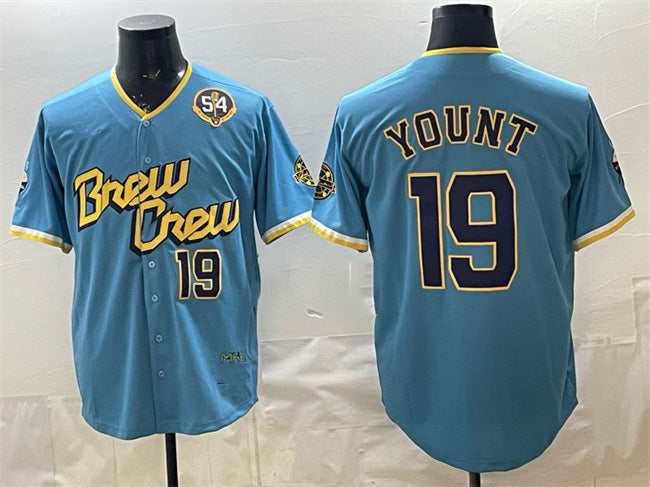Milwaukee Brewers #19 Robin Yount Powder Blue Fedasgoge City Connect With Home & Bob Uecker Patch Limited Stitched Jersey