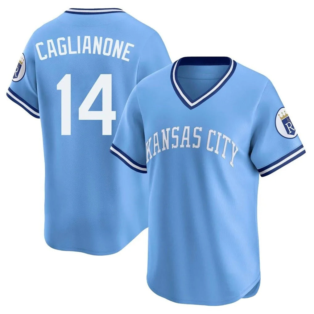 Kansas City Royals #14 Jac Caglianone Player Light Blue Fedasgoge Limited Throwback Cooperstown Collection T-shirt Stitched Jerseys