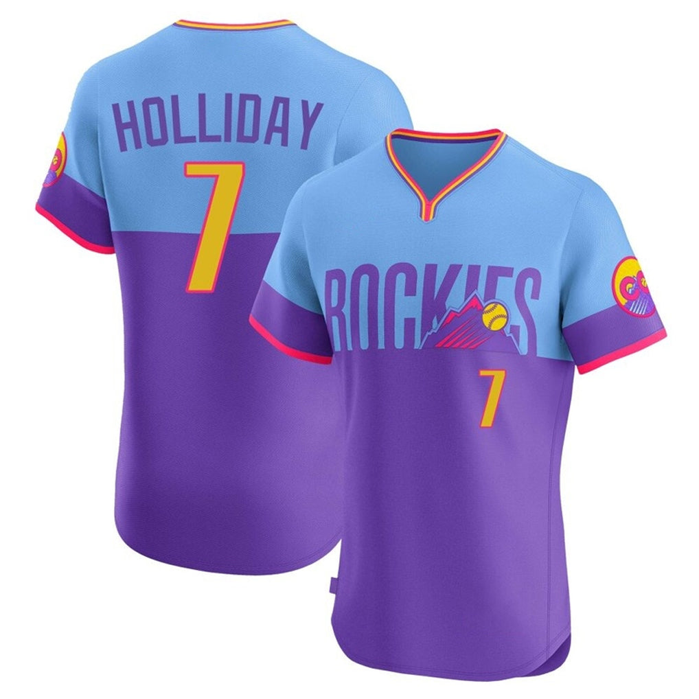 Colorado Rockies #7 Matt Holliday Player Purple-Light Blue Fedasgoge City Connect Limited Elite Home T-shirt Stitched Jerseys