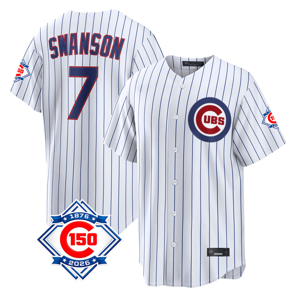 Chicago Cubs #7 Dansby Swanson Player White Fedasgoge 150th Anniversary Game Home Stitched Jerseys