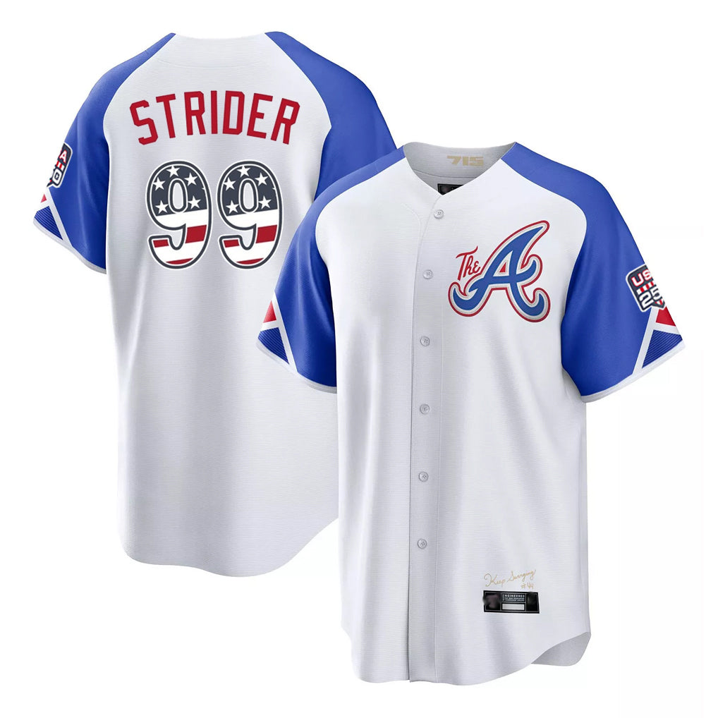 Atlanta Braves #99 Spencer Strider Player White Fedasgoge USA 250 Fourth Of July City Connect Home Game Stitched Jerseys