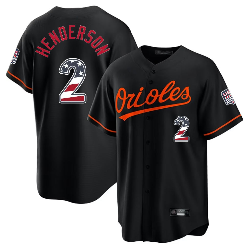 Baltimore Orioles #2 Gunnar Henderson Player Black Fedasgoge USA 250 Fourth of July Home Game Stitched Jerseys