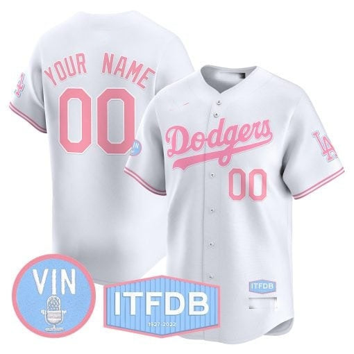 Custom Los Angeles Dodgers Vin ITFDB Patch Bubblegum Pink Vapor Premier Limited Jersey ¨C White Fedasgoge