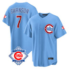 Chicago Cubs #7 Dansby Swanson Player Light Blue Fedasgoge 150th Anniversary Home Game Stitched Jerseys