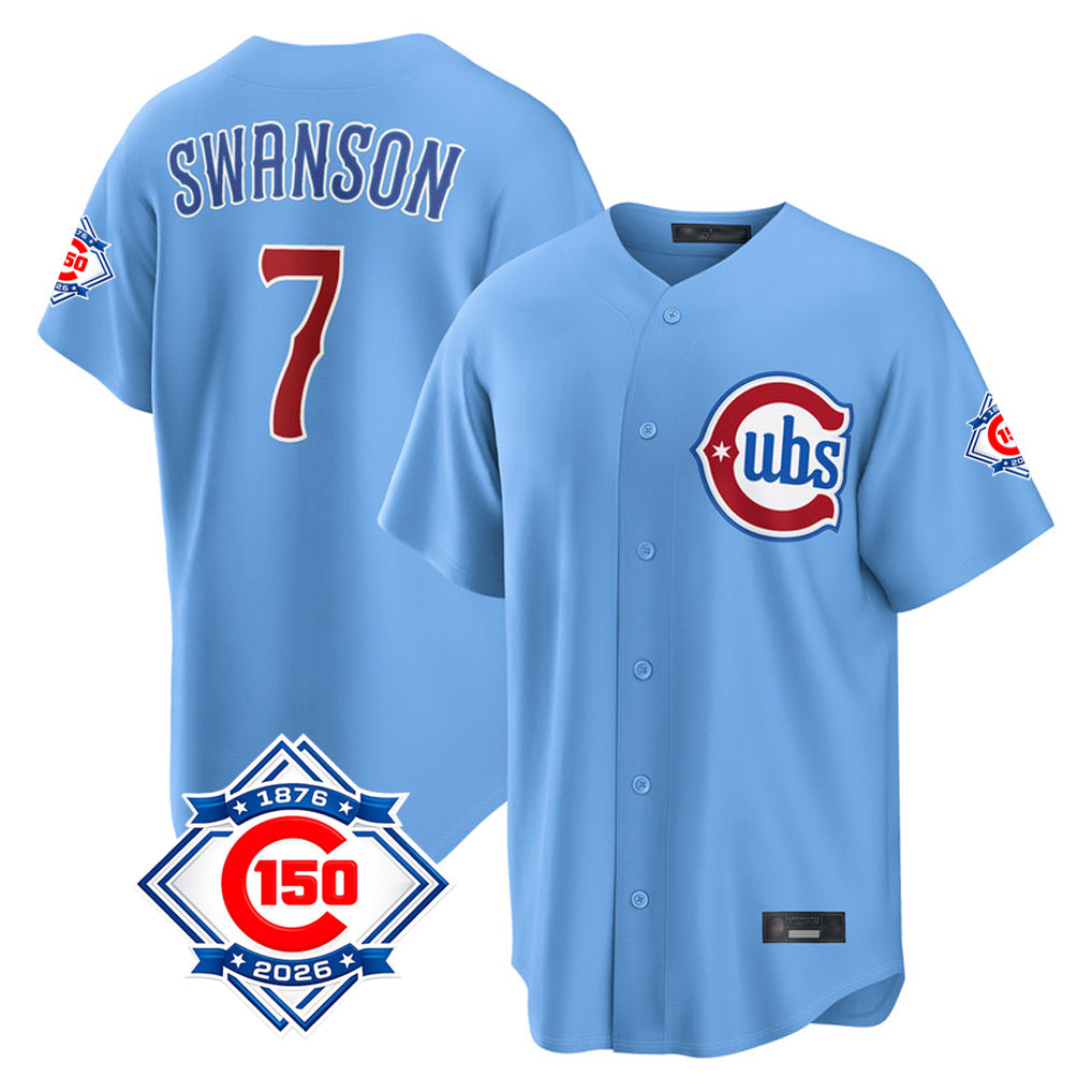 Chicago Cubs #7 Dansby Swanson Player Light Blue Fedasgoge 150th Anniversary Home Game Stitched Jerseys