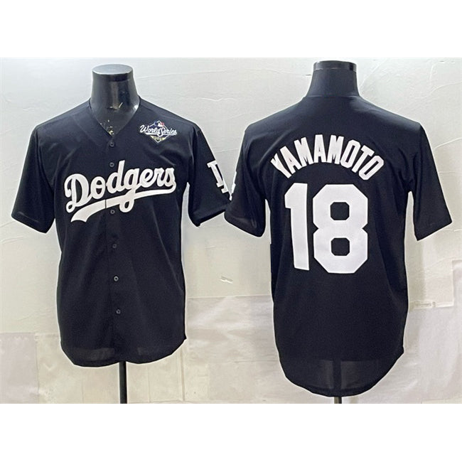 Los Angeles Dodgers #18 Yoshinobu Yamamoto Black Fedasgoge 2025 World Series Patch Cool Base Stitched Jersey