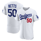 Los Angeles Dodgers #50 Mookie Betts White Fedasgoge Home Authentic Sponsor Patch Jersey