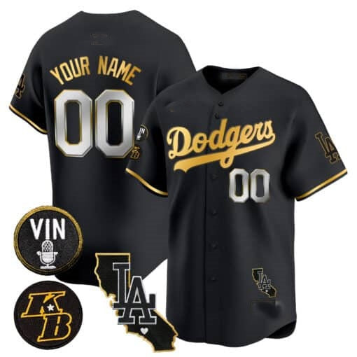 Custom Los Angeles Dodgers Vin Patch & Kobe Bryant Gold Trim Vapor Premier Limited Jersey V2 ¨C All Stitched-Black Fedasgoge