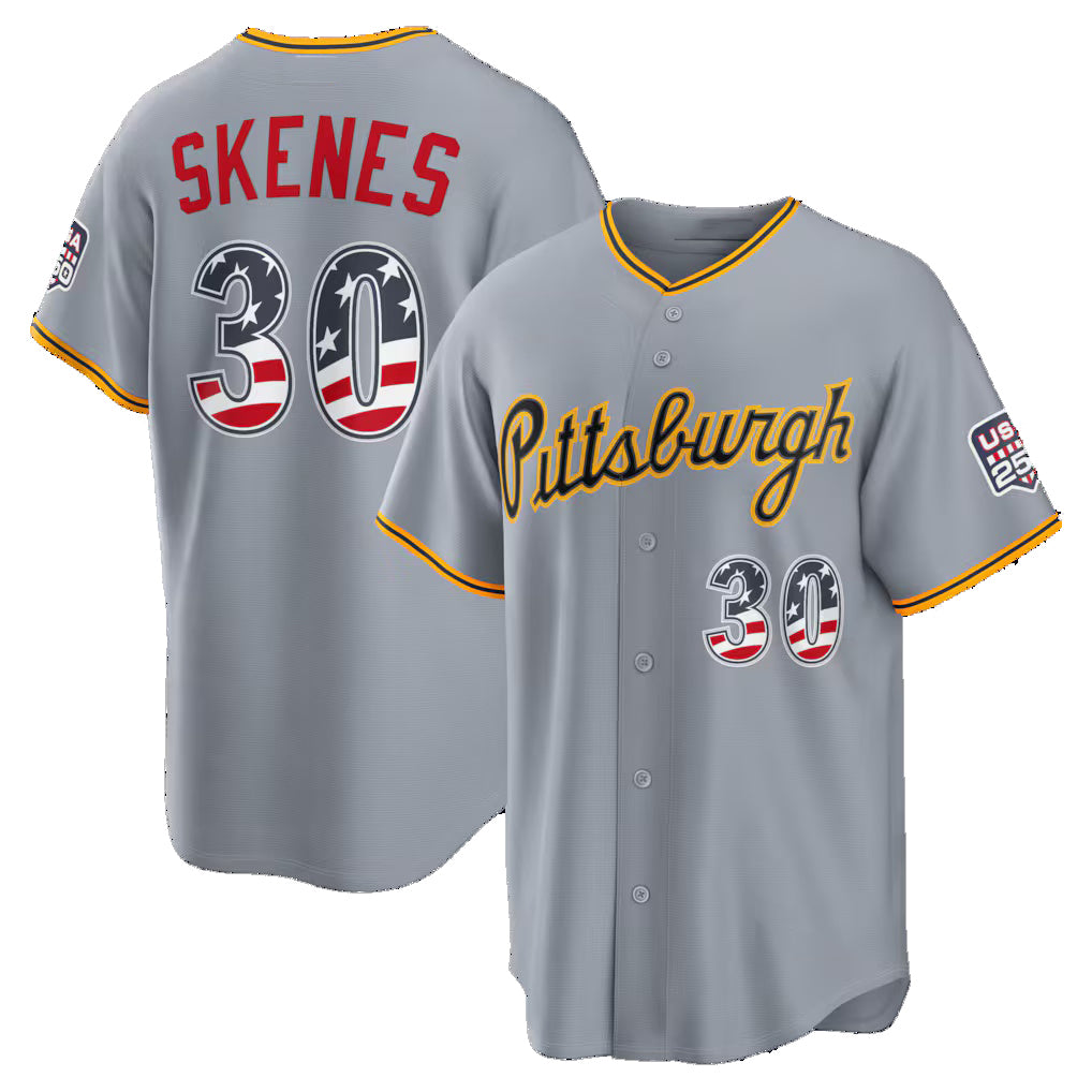 Pittsburgh Pirates #30 Paul Skenes USA 250 Fourth of July Road Stadium Jersey - Gray Fedasgoge