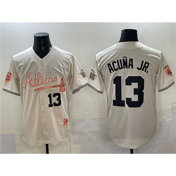 Atlanta Braves #13 Ronald Acuna Jr Cream FOULKSSHOP 2024 Atliens & Peach With Outkast Patch Vapor Limited Stitched Jersey