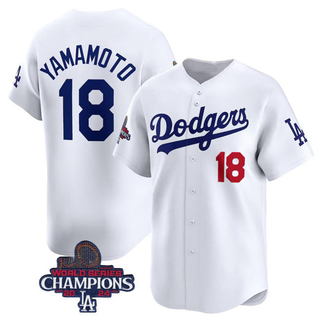 Los Angeles Dodgers #18 Yoshinobu Yamamoto White Fedasgoge 2024 World Series Champions Home Limited Stitched Jersey