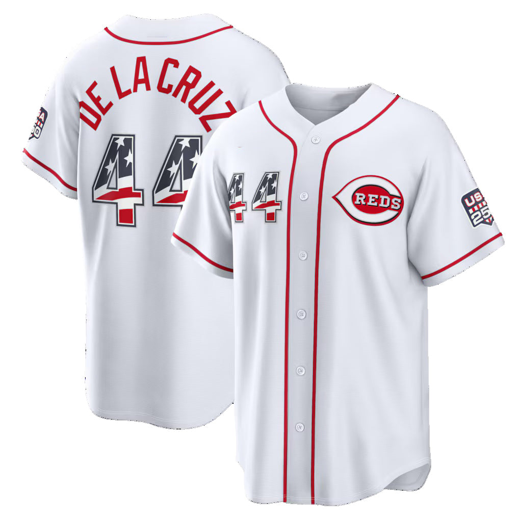 Cincinnati Reds #44 Elly De La Cruz USA 250 Fourth of July Home Stadium Jersey - White Fedasgoge