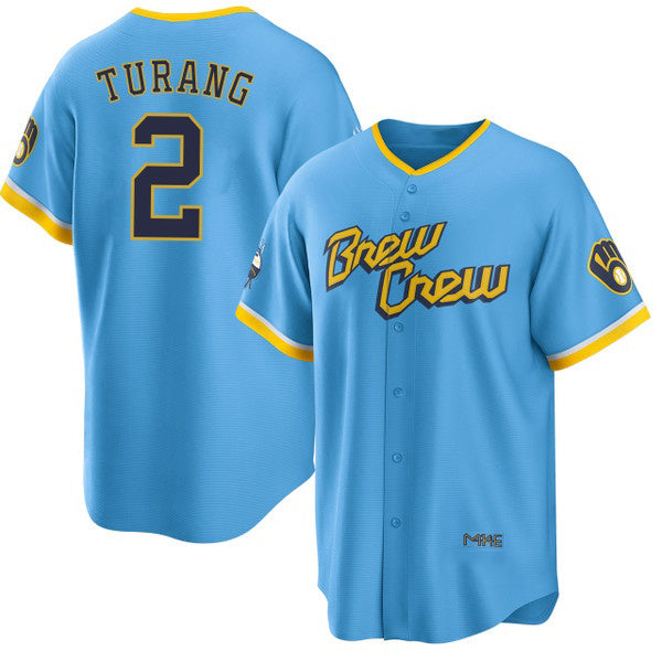 Milwaukee Brewers #2 Brice Turang Blue Fedasgoge 2022 City Connect Cool Base Stitched Jersey