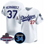 Los Angeles Dodgers #37 Teoscar Hernandez White Fedasgoge 2024 World Series Champions With Fernando Memorial Patch Vapor Premier Home Limited Stitched Jersey