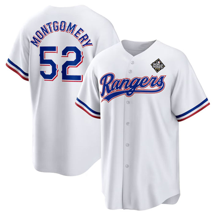 Texas Rangers #52 Jordan Montgomery White Fedasgoge 2023 World Series Stitched Jersey