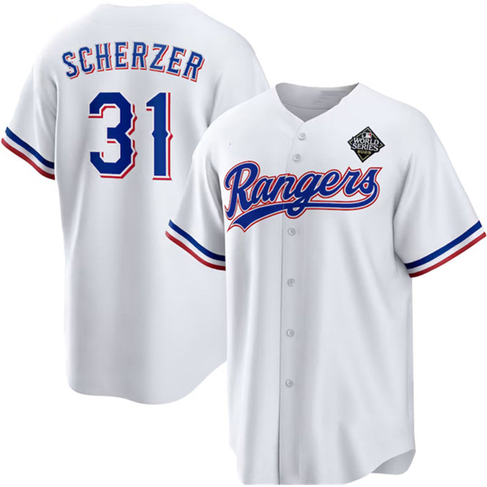 Texas Rangers #31 Max Scherzer 2023 White Fedasgoge World Series Stitched Jersey
