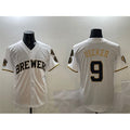 Milwaukee Brewers #9 Bob Uecker White Gold Fedasgoge With Home Patch Limited Stitched Jersey