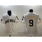 Milwaukee Brewers #9 Bob Uecker White Gold Fedasgoge With Home Patch Limited Stitched Jersey