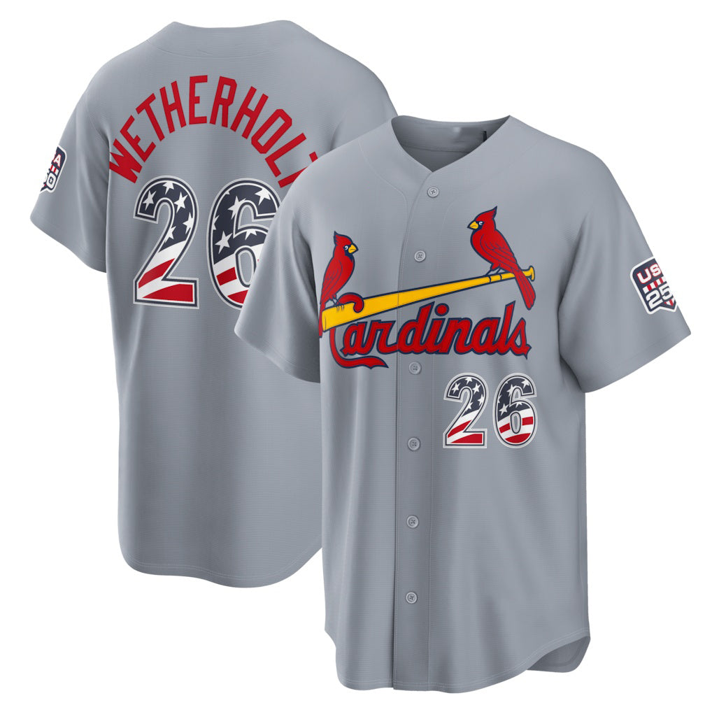St. Louis Cardinals #26 JJ Wetherholt USA 250 Fourth of July Road Stadium Jersey - Gray Fedasgoge