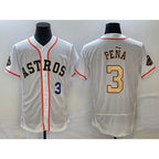 Houston Astros #3 Jeremy Pena Number 2023 White Gold Fedasgoge World Serise Champions Patch Flex Base Stitched Jersey 3