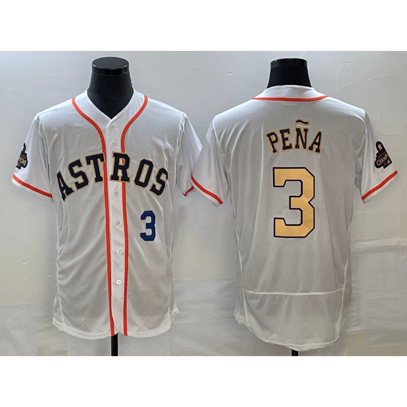 Houston Astros #3 Jeremy Pena Number 2023 White Gold Fedasgoge World Serise Champions Patch Flex Base Stitched Jersey 3